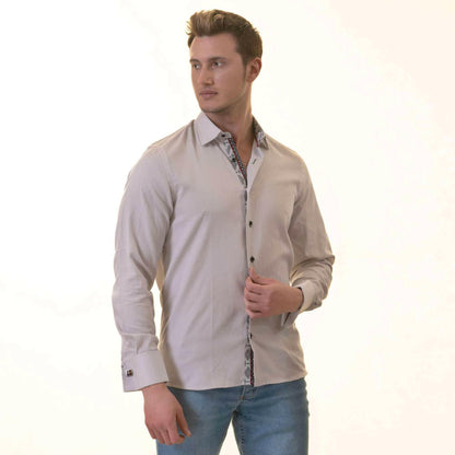 Gray with inside White Ptrined Double Cuff Shirt Mens Slim Fit.