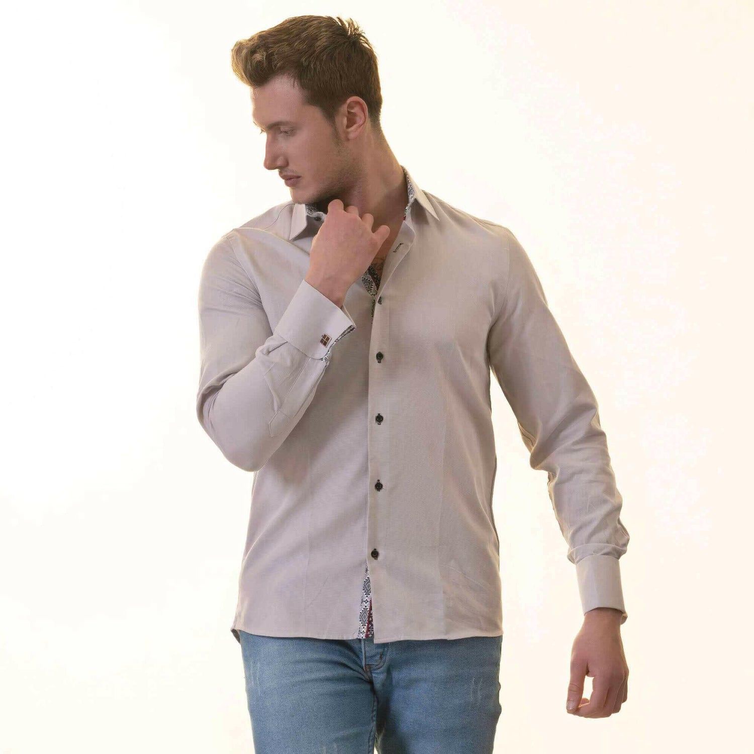 Gray with inside White Ptrined Double Cuff Shirt Mens Slim Fit