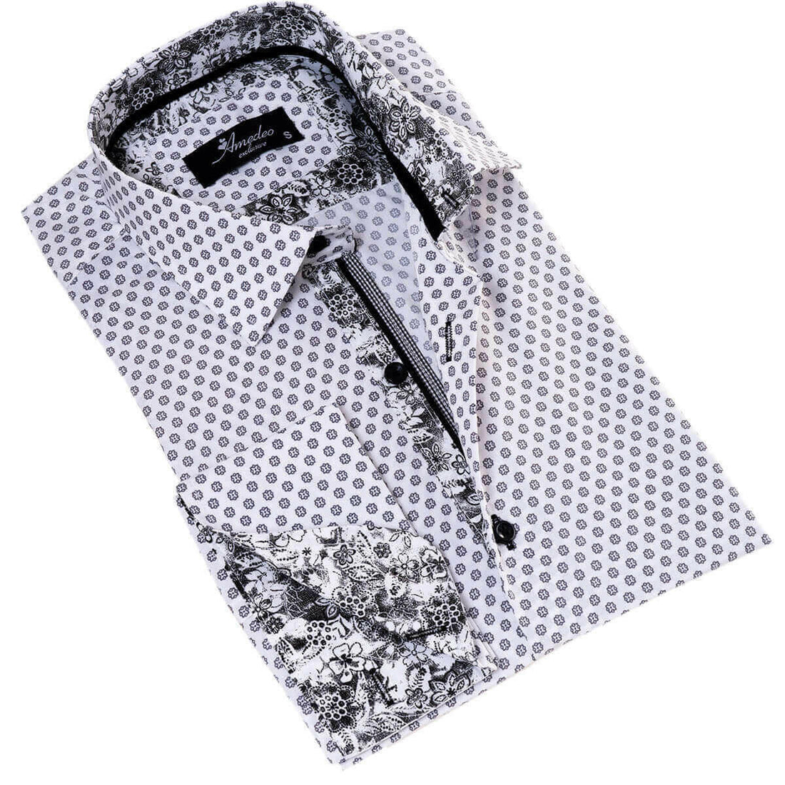 White Polka Dot Printed Mens Slim Fit Designer Dress Shirt