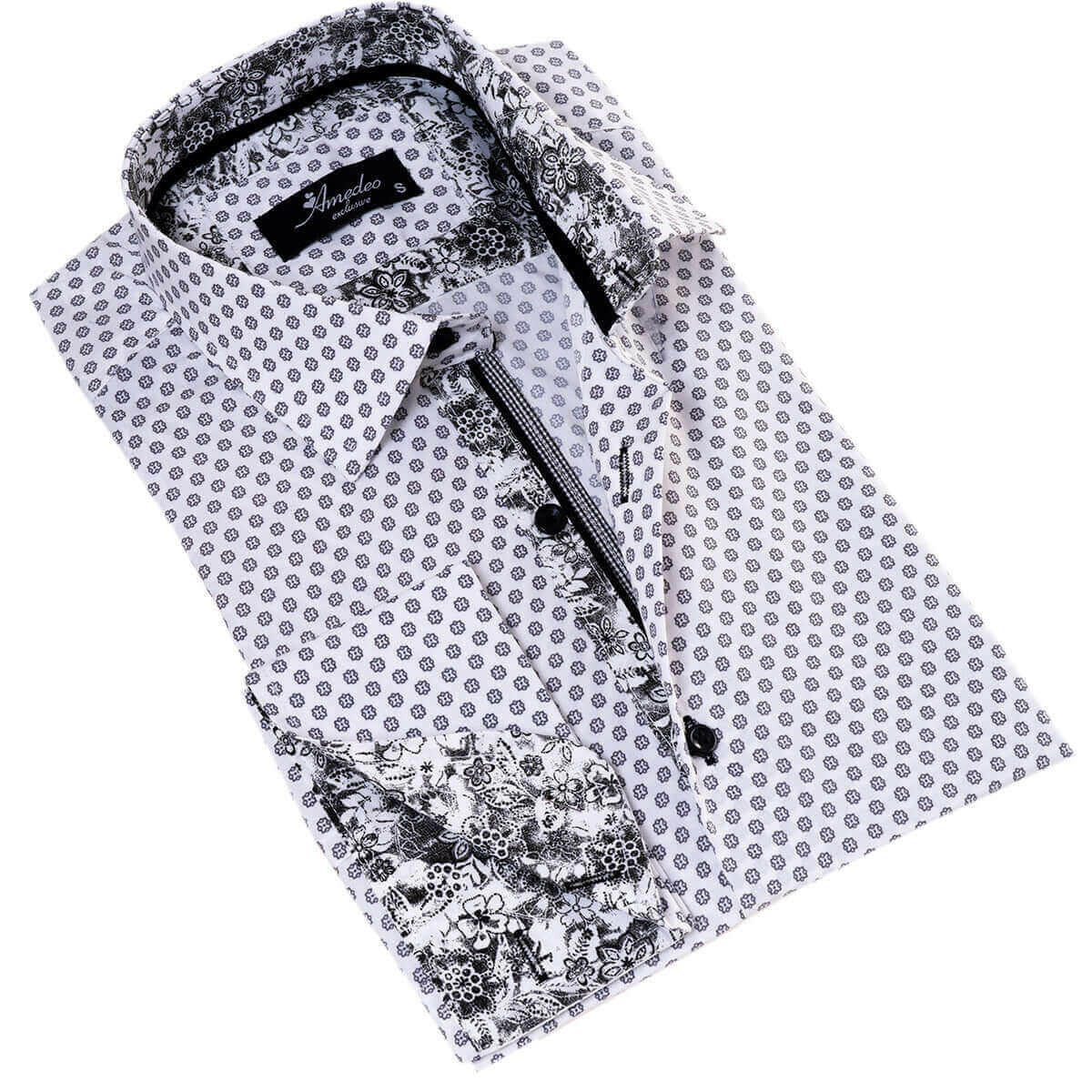 White Polka Dot Printed Mens Slim Fit Designer Dress Shirt
