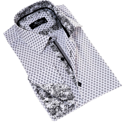 White Polka Dot Printed  Mens Slim Fit Designer Dress Shirt.