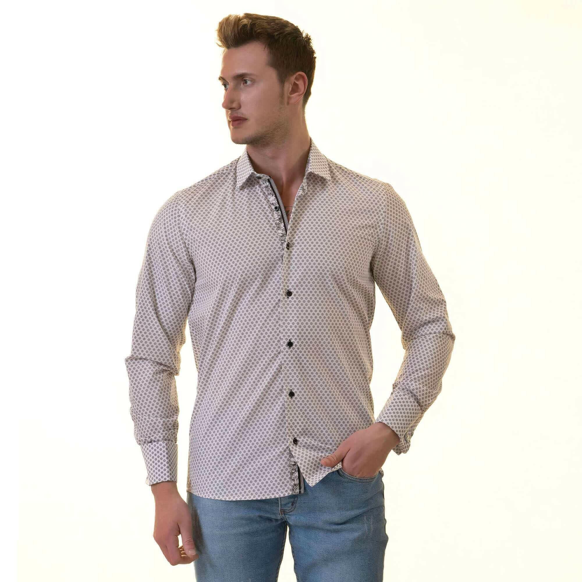 White Polka Dot Printed Mens Slim Fit Designer Dress Shirt