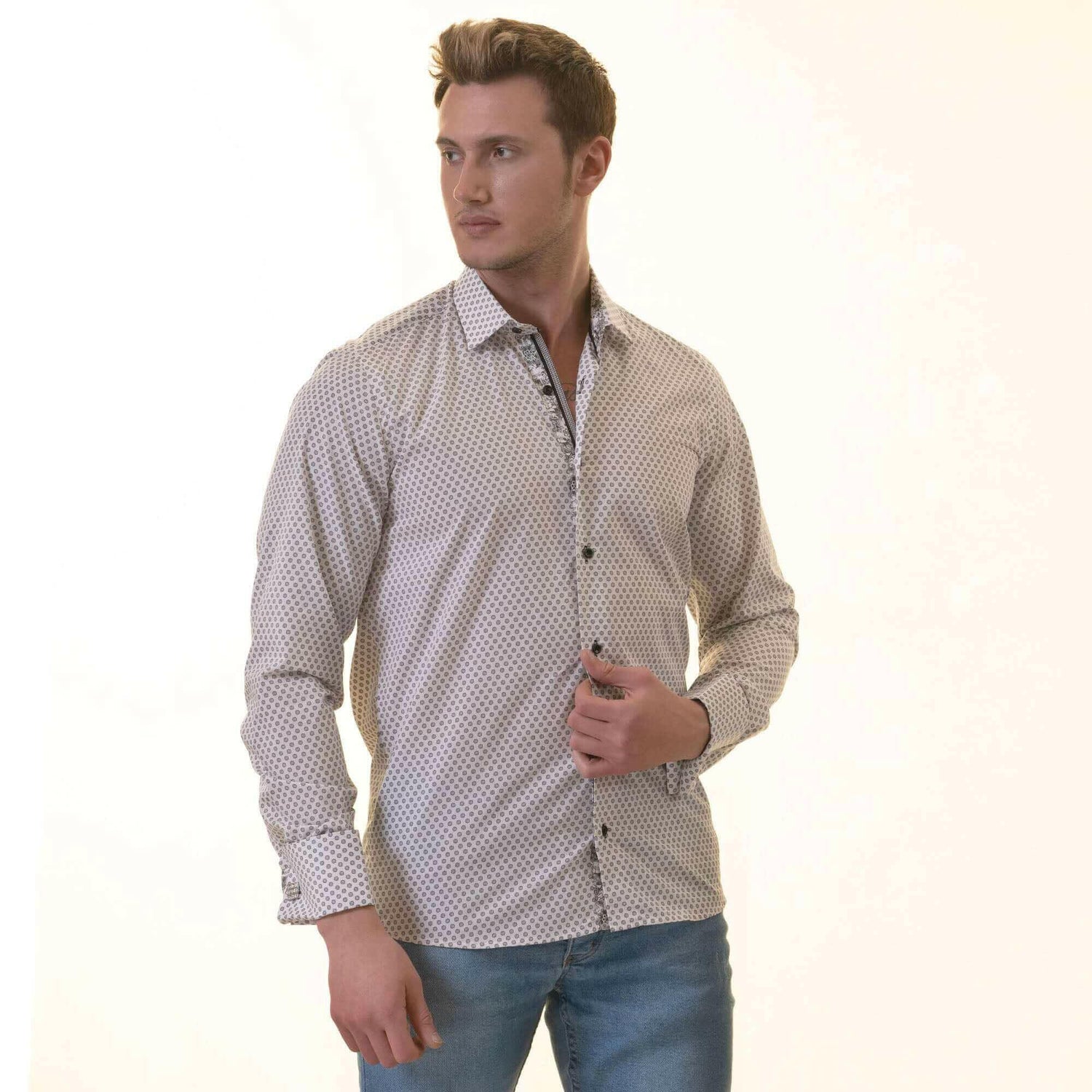 White Polka Dot Printed Mens Slim Fit Designer Dress Shirt