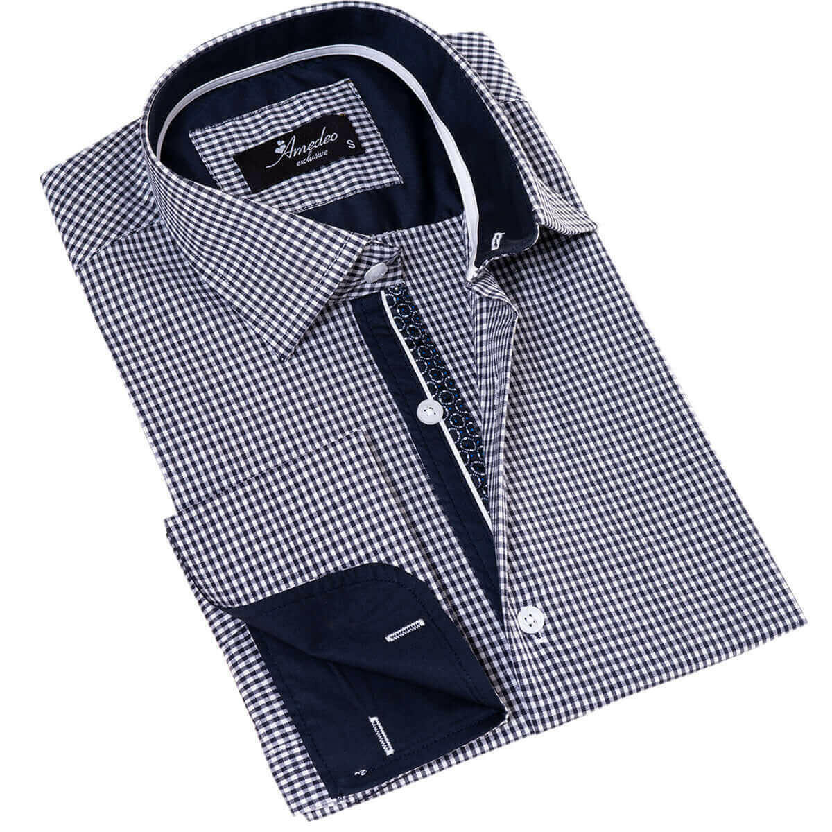 Black Checkered Mens Slim Fit Designer Dress Shirt.