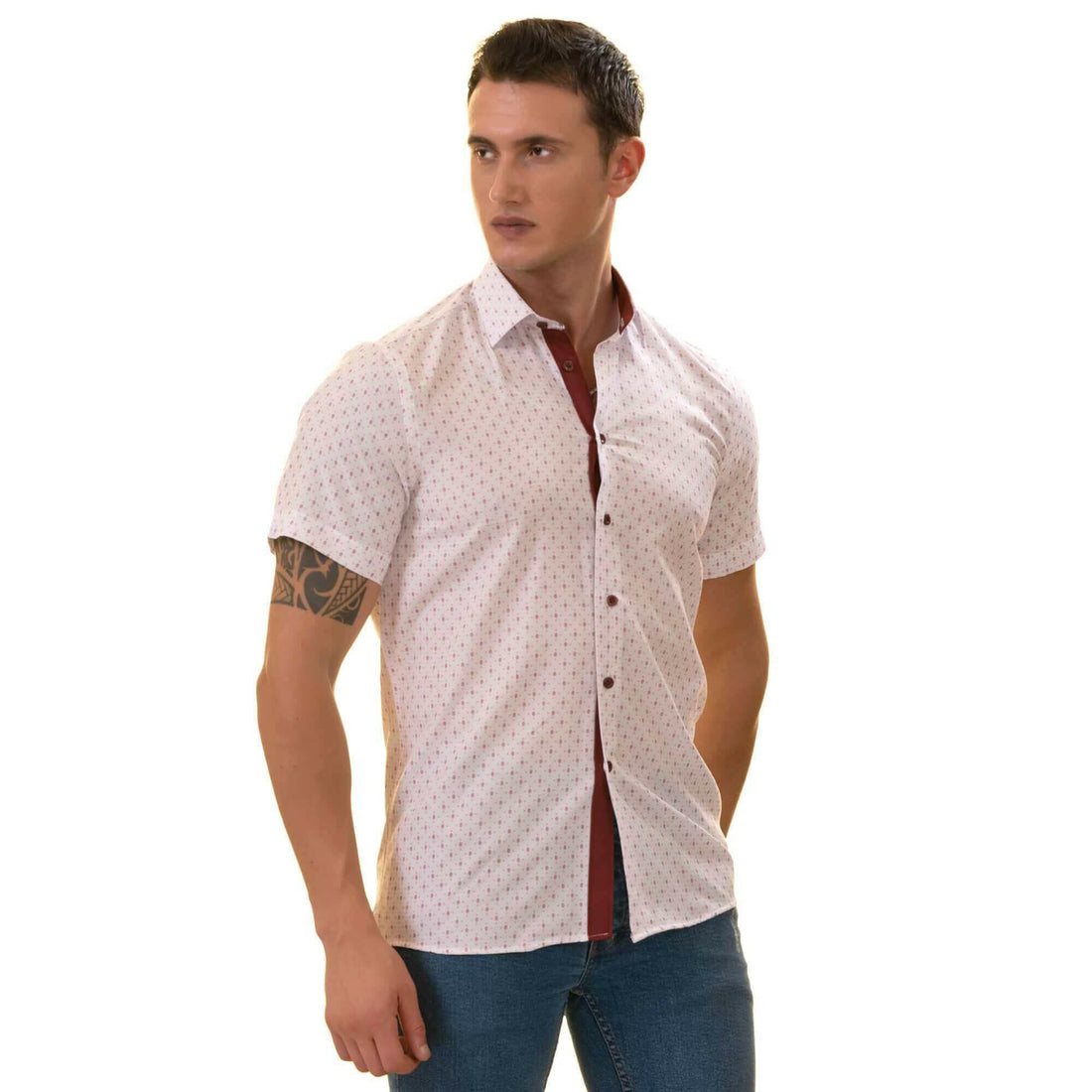 White Printed Shirt | White with Burgany Printed Paisley Short Sleeve