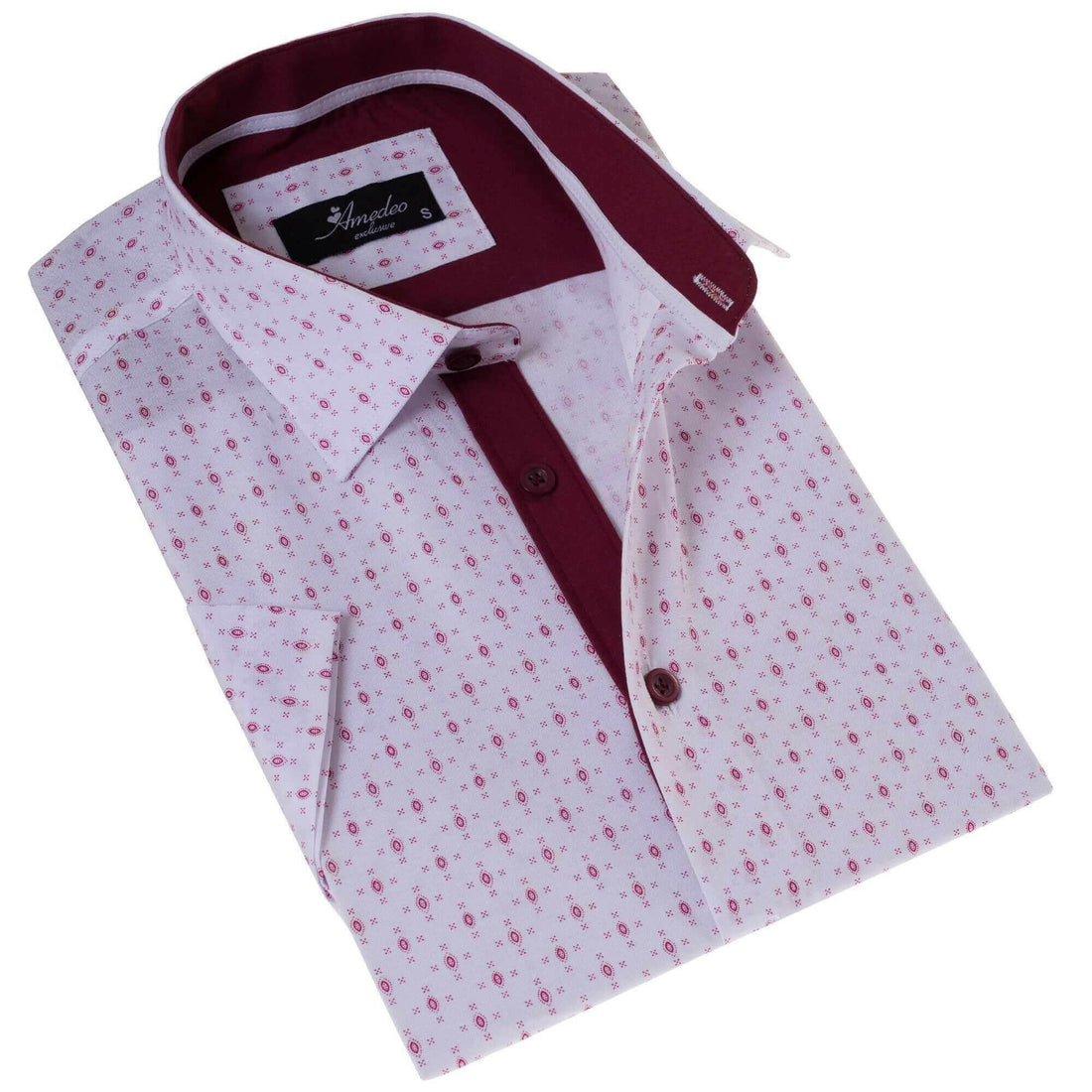 White Printed Shirt | White with Burgany Printed Paisley Short Sleeve