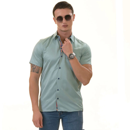 Green inside Purple Paisley Short Sleeve Button up Shirts - Tailored