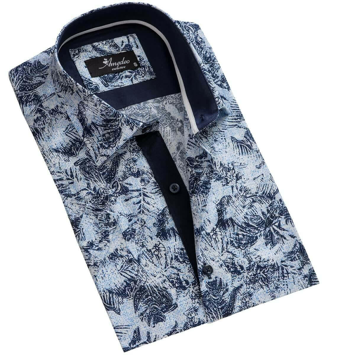 Light Blue Floral Paisley Mens Short Sleeve Button up Shirts -.