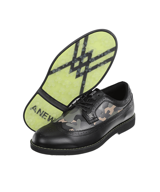 ANew Golf: Men's Camo Wingtip Brogue Shoes - Black.