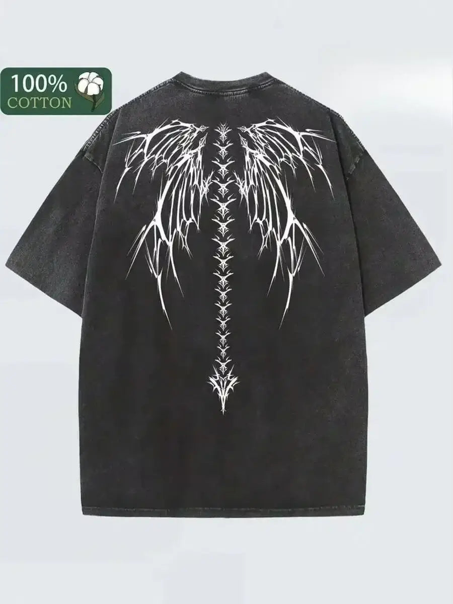 Vintage-Wash Gothic Wings Oversized Cotton T-Shirt