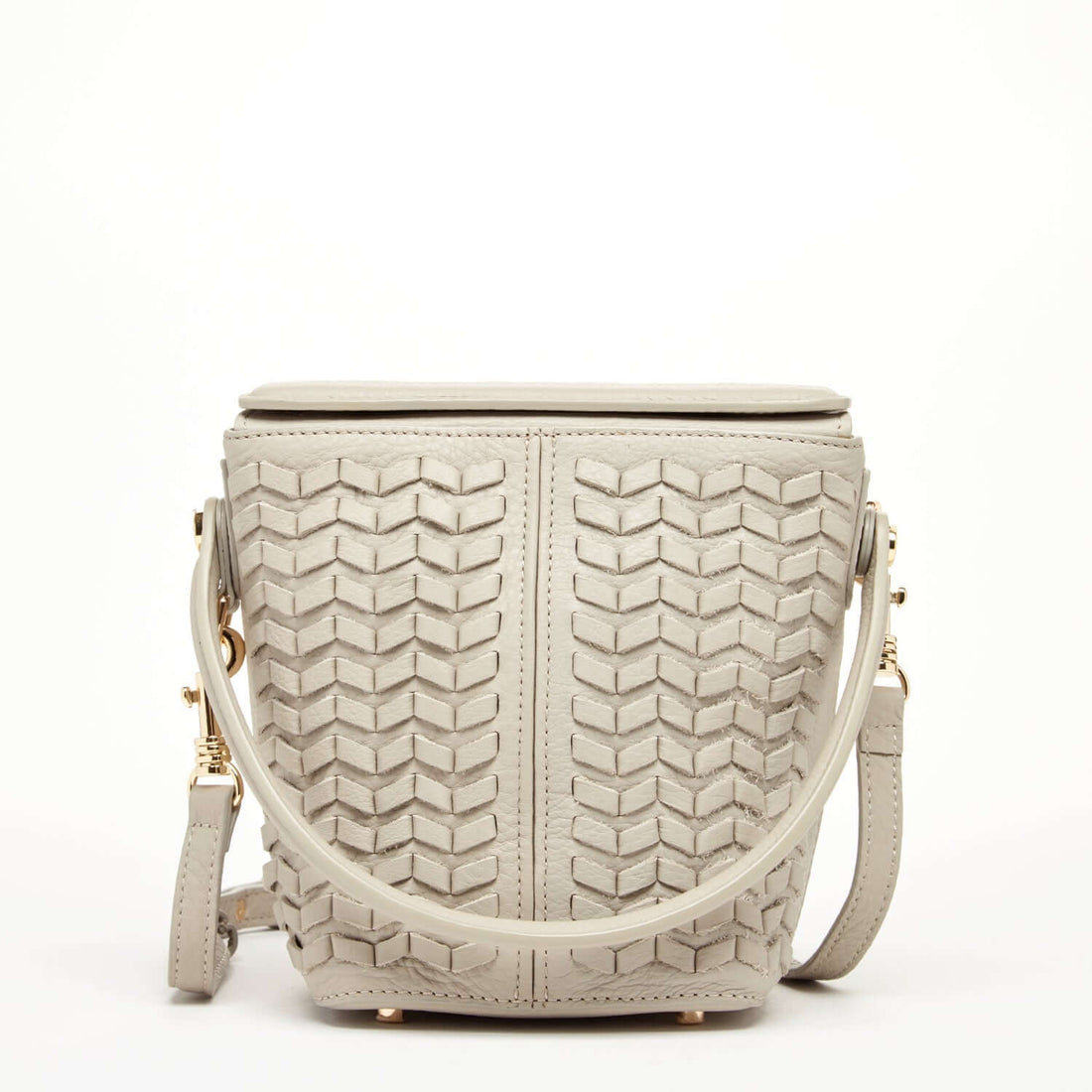 Woven Leather Bucket Bag Quilted Grayish Beige Crossbody Purse Women&