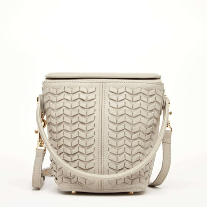Woven Leather Bucket Bag Quilted Grayish Beige Crossbody Purse Women&