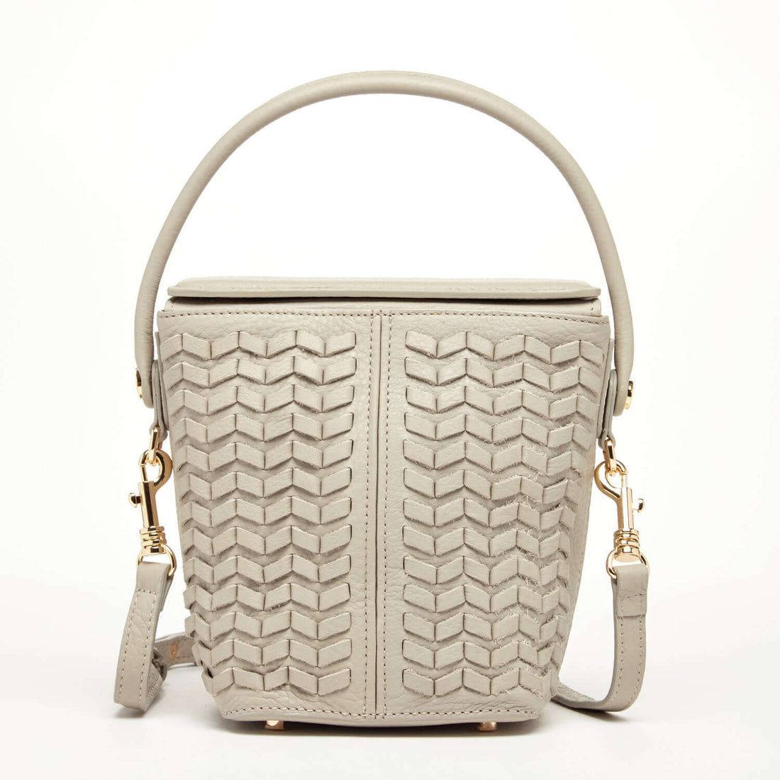 Woven Leather Bucket Bag Quilted Grayish Beige Crossbody Purse Women&