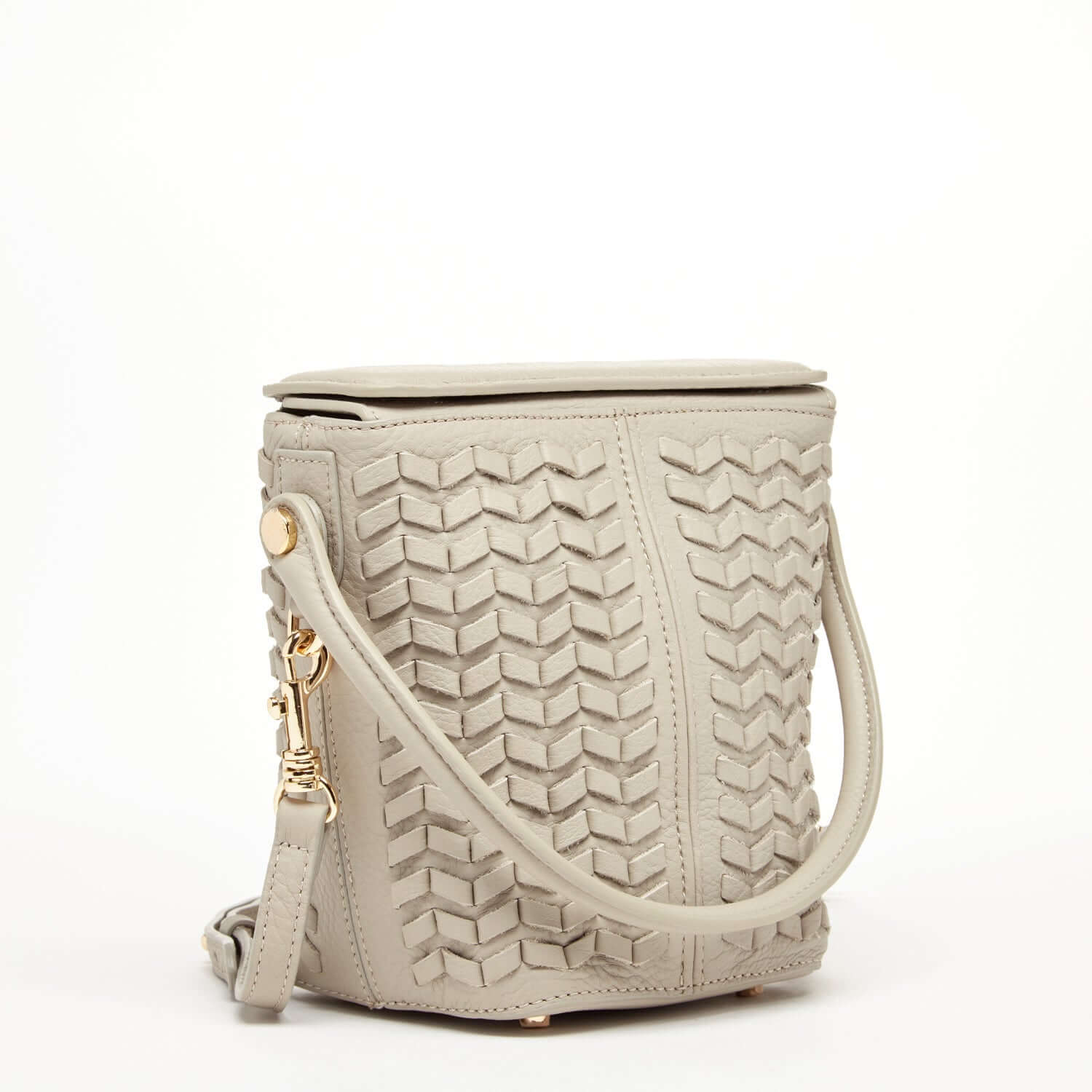 Woven Leather Bucket Bag Quilted Grayish Beige Crossbody Purse Women&