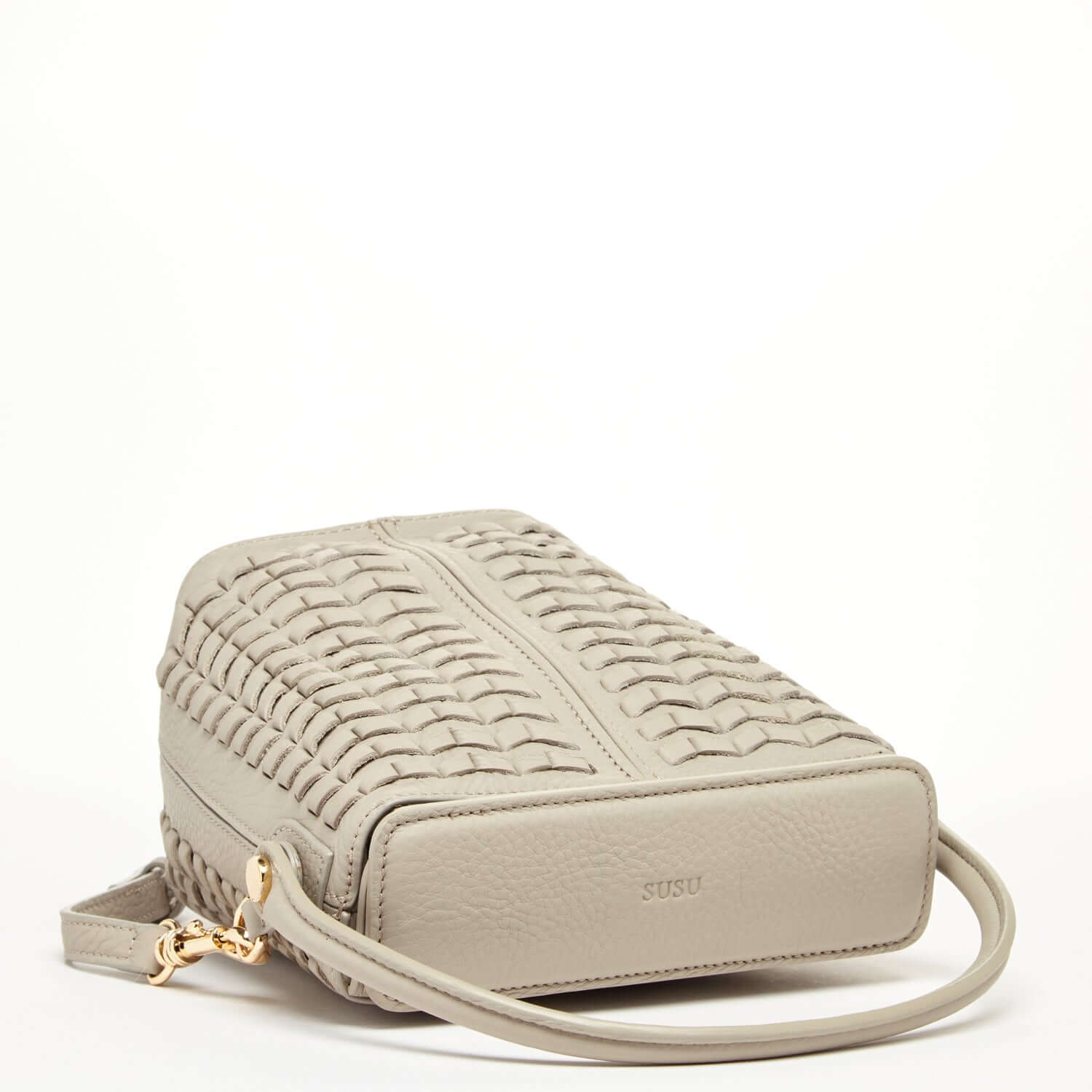 Woven Leather Bucket Bag Quilted Grayish Beige Crossbody Purse Women&