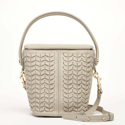 Woven Leather Bucket Bag Quilted Grayish Beige Crossbody Purse Women&