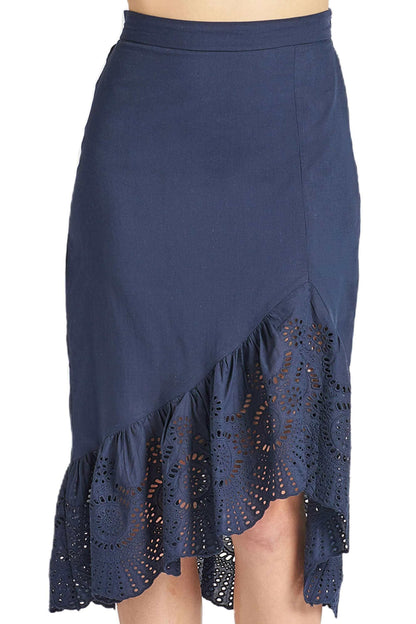 Aster Skirt - Cotton eyelet asymmetric hi-lo skirt (navy).