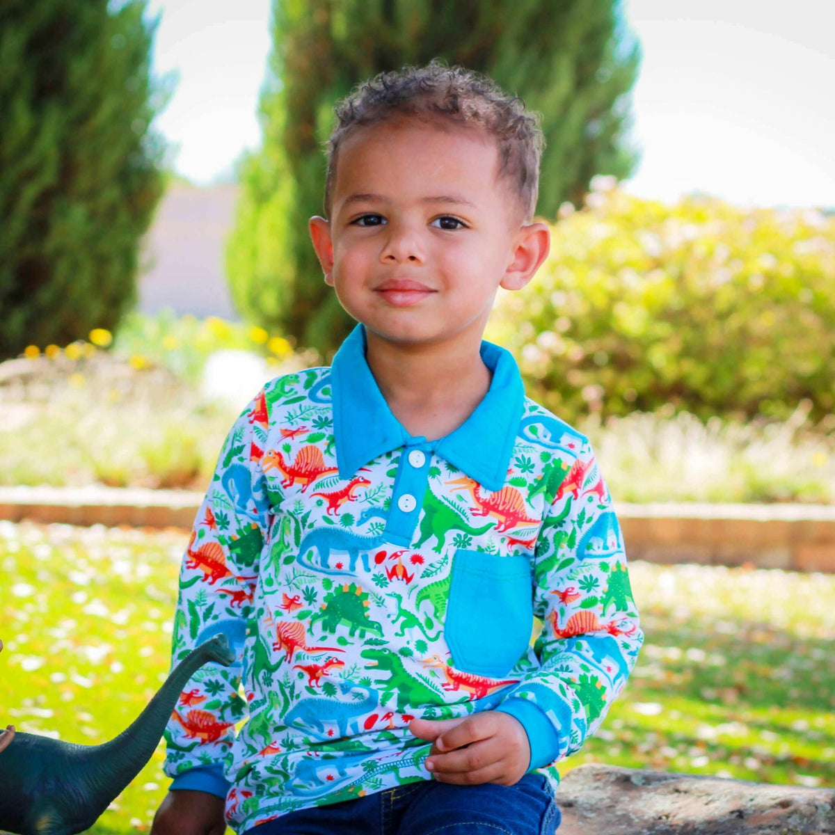 AnnLoren Toddler & Big Boys Long Sleeve Polo Shirt with Pocket Dinosau.