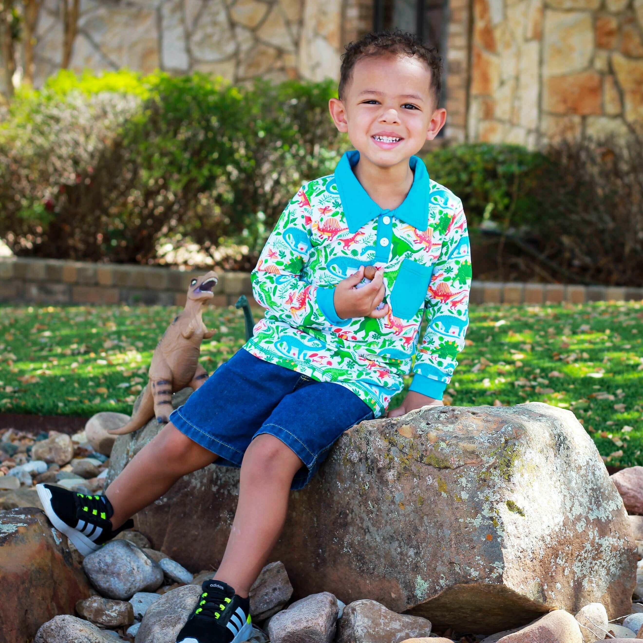 AnnLoren Toddler & Big Boys Long Sleeve Polo Shirt with Pocket Dinosau.