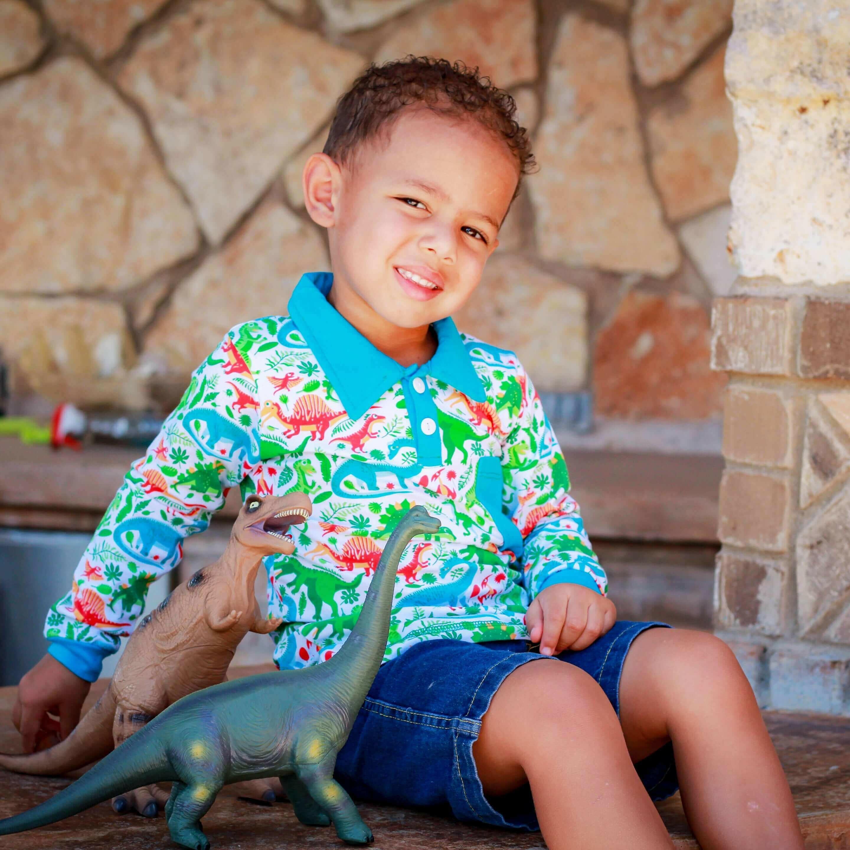 AnnLoren Toddler & Big Boys Long Sleeve Polo Shirt with Pocket Dinosau.