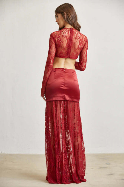 Satin &amp; Lace Cutout Maxi Dress – Tie Front Elegance