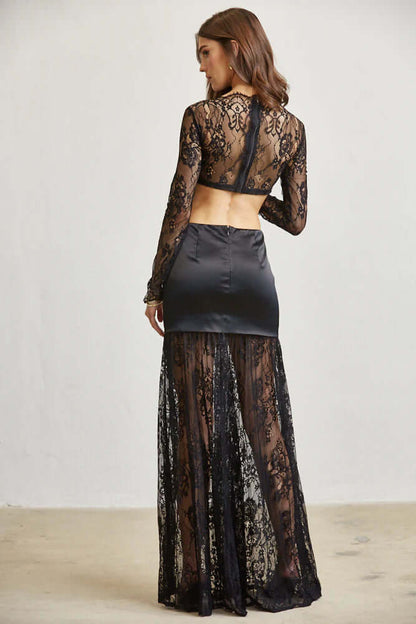 Satin &amp; Lace Cutout Maxi Dress – Tie Front Elegance