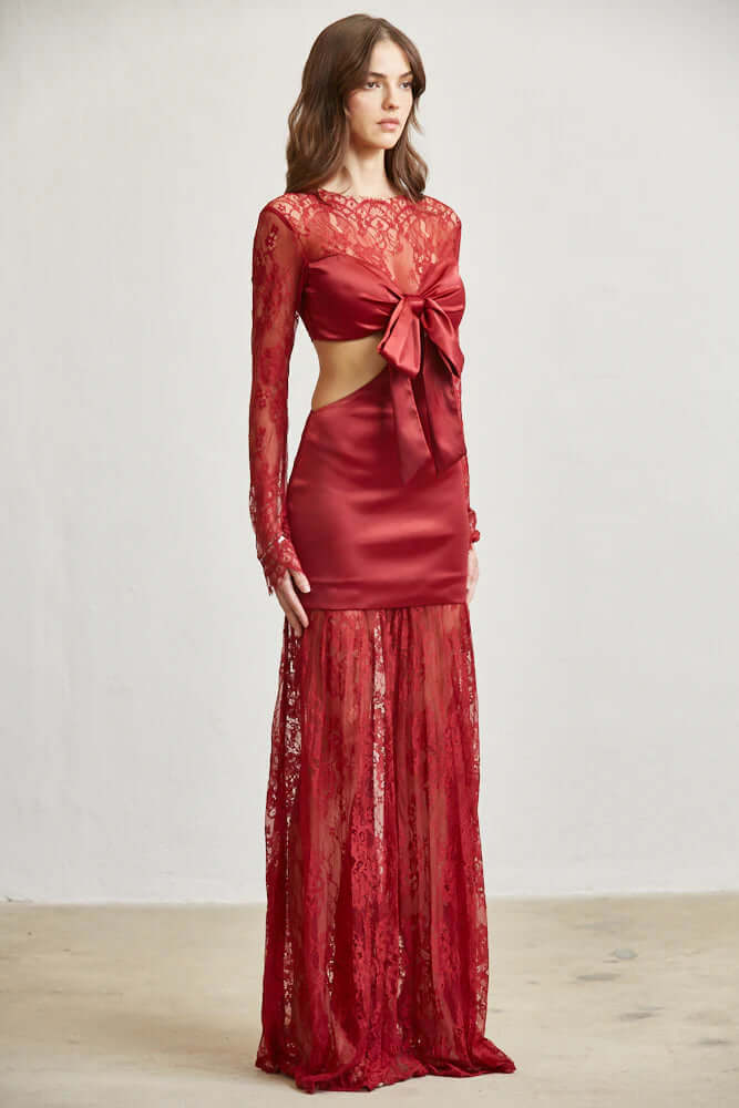 Satin &amp; Lace Cutout Maxi Dress – Tie Front Elegance