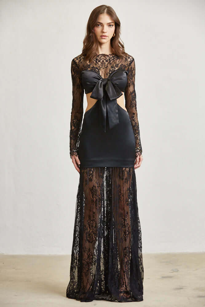 Satin &amp; Lace Cutout Maxi Dress – Tie Front Elegance