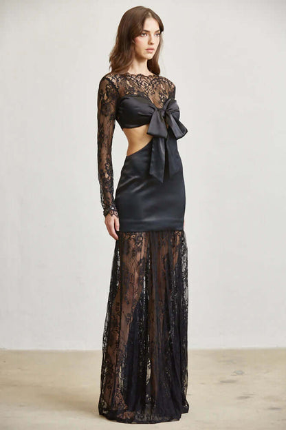 Satin &amp; Lace Cutout Maxi Dress – Tie Front Elegance