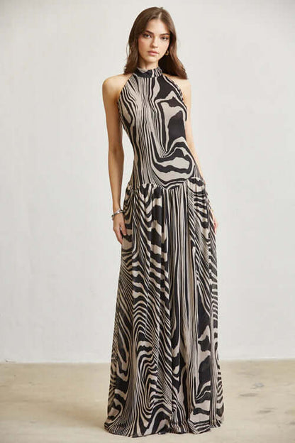 Abstract Wave Print Mesh Maxi Dress  with Open Back