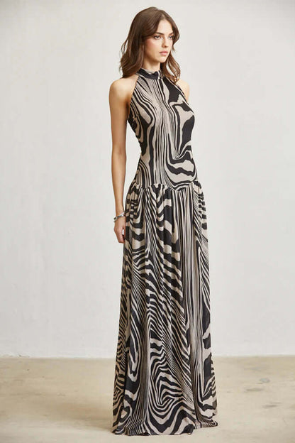 Abstract Wave Print Mesh Maxi Dress  with Open Back