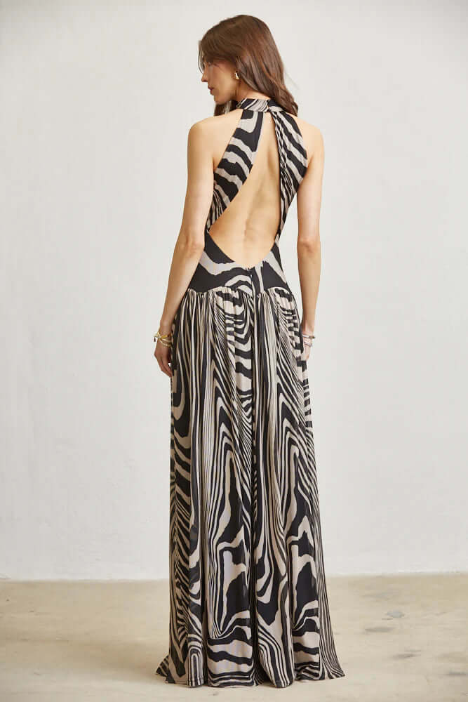 Abstract Wave Print Mesh Maxi Dress  with Open Back