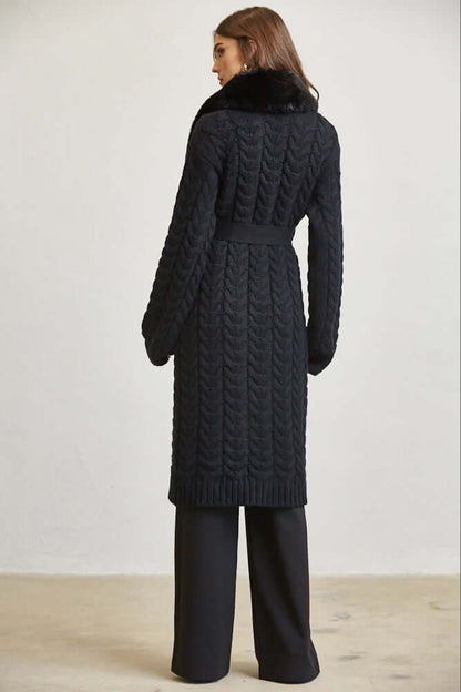 Cozy Faux Fur Trim Long Cable Knit Cardigan for Women – Winter Sweater