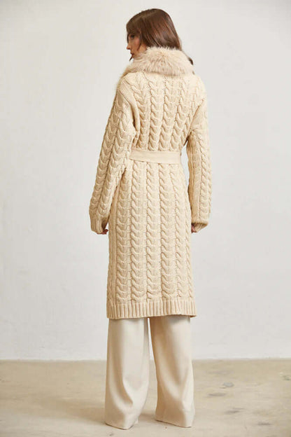 Cozy Faux Fur Trim Long Cable Knit Cardigan for Women – Winter Sweater