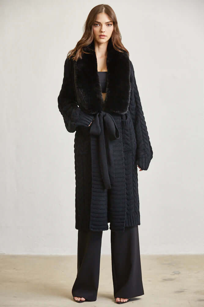 Cozy Faux Fur Trim Long Cable Knit Cardigan for Women – Winter Sweater