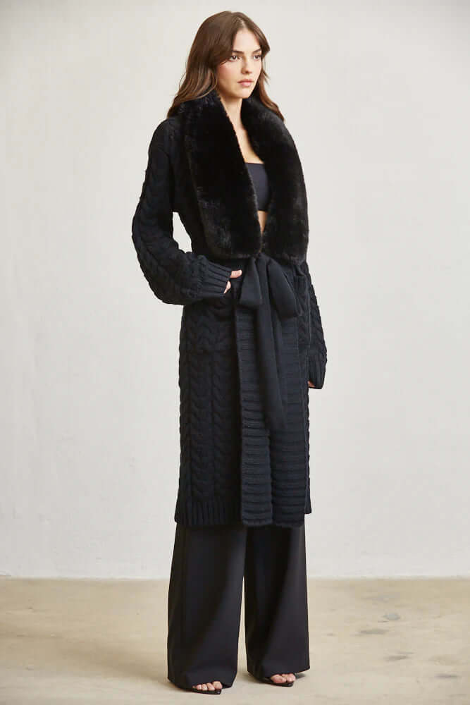 Cozy Faux Fur Trim Long Cable Knit Cardigan for Women – Winter Sweater