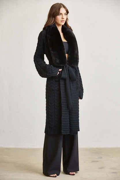 Cozy Faux Fur Trim Long Cable Knit Cardigan for Women – Winter Sweater