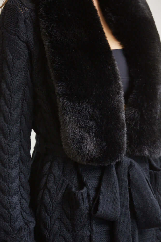 Cozy Faux Fur Trim Long Cable Knit Cardigan for Women – Winter Sweater