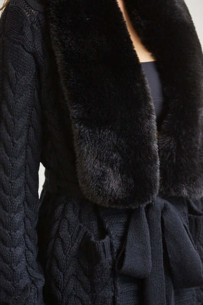 Cozy Faux Fur Trim Long Cable Knit Cardigan for Women – Winter Sweater