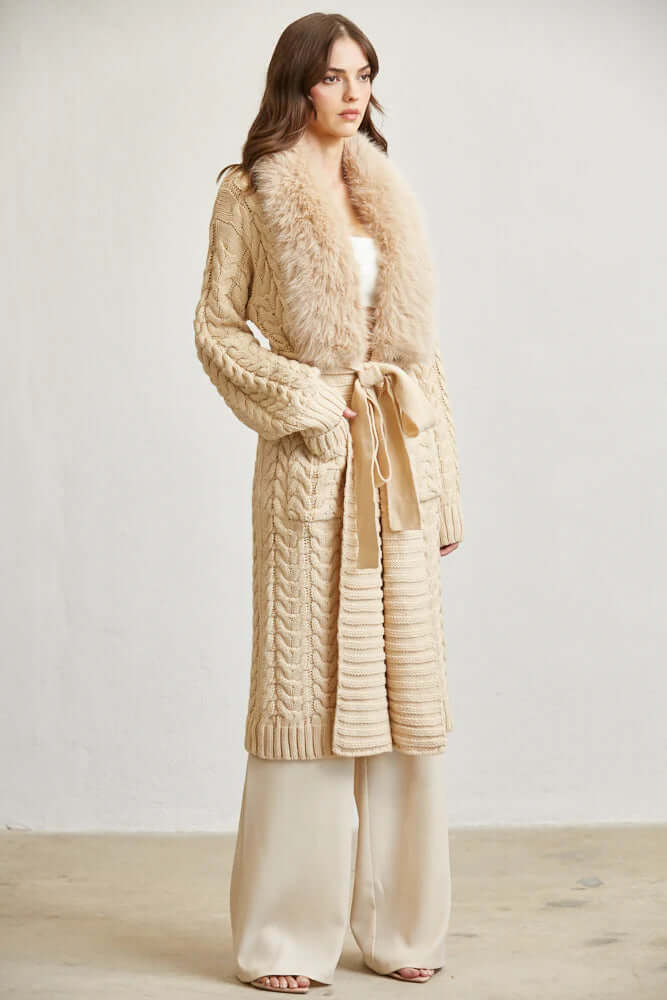 Cozy Faux Fur Trim Long Cable Knit Cardigan for Women – Winter Sweater