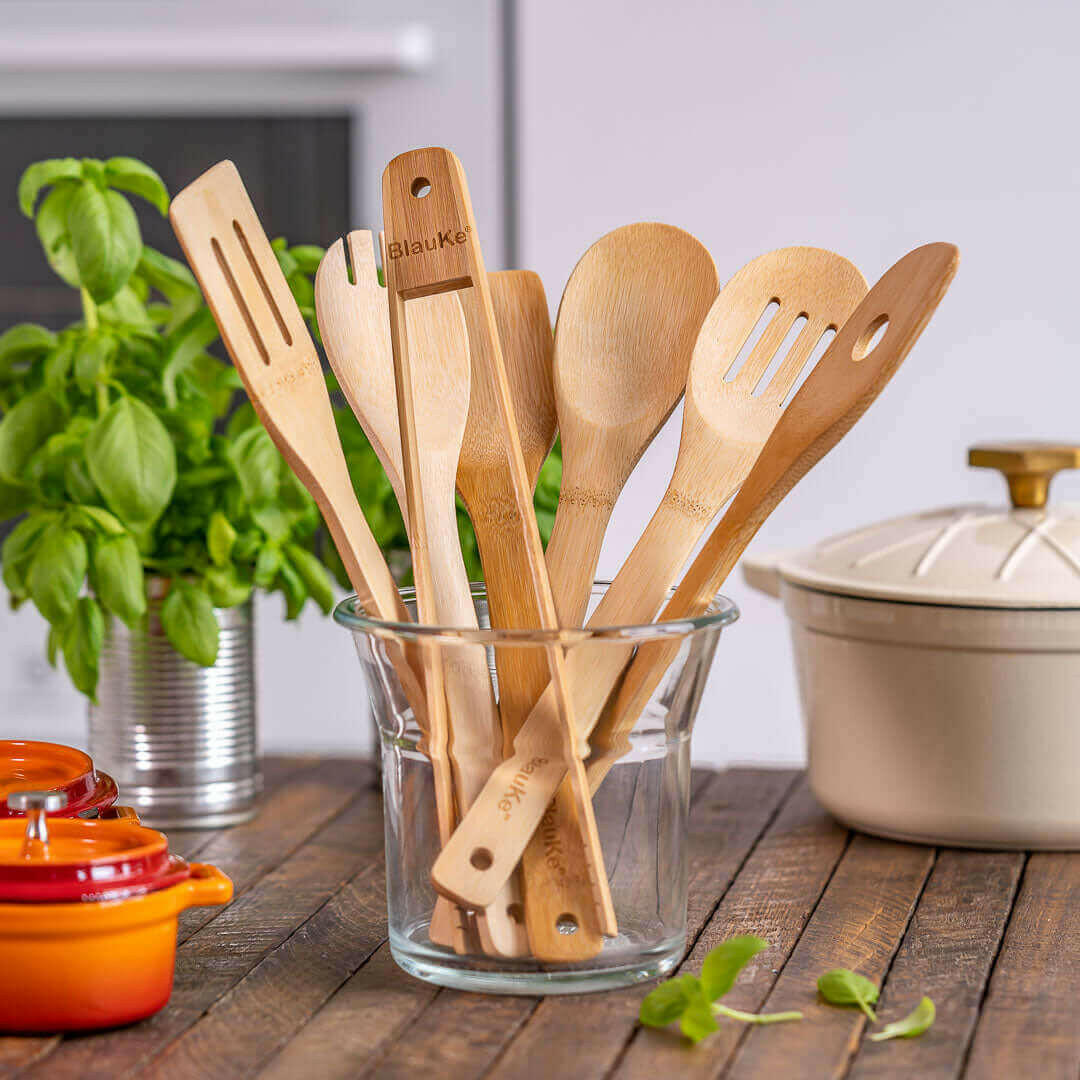 Wooden Spoons for Cooking 7-Pack - Bamboo Kitchen Utensils Set.