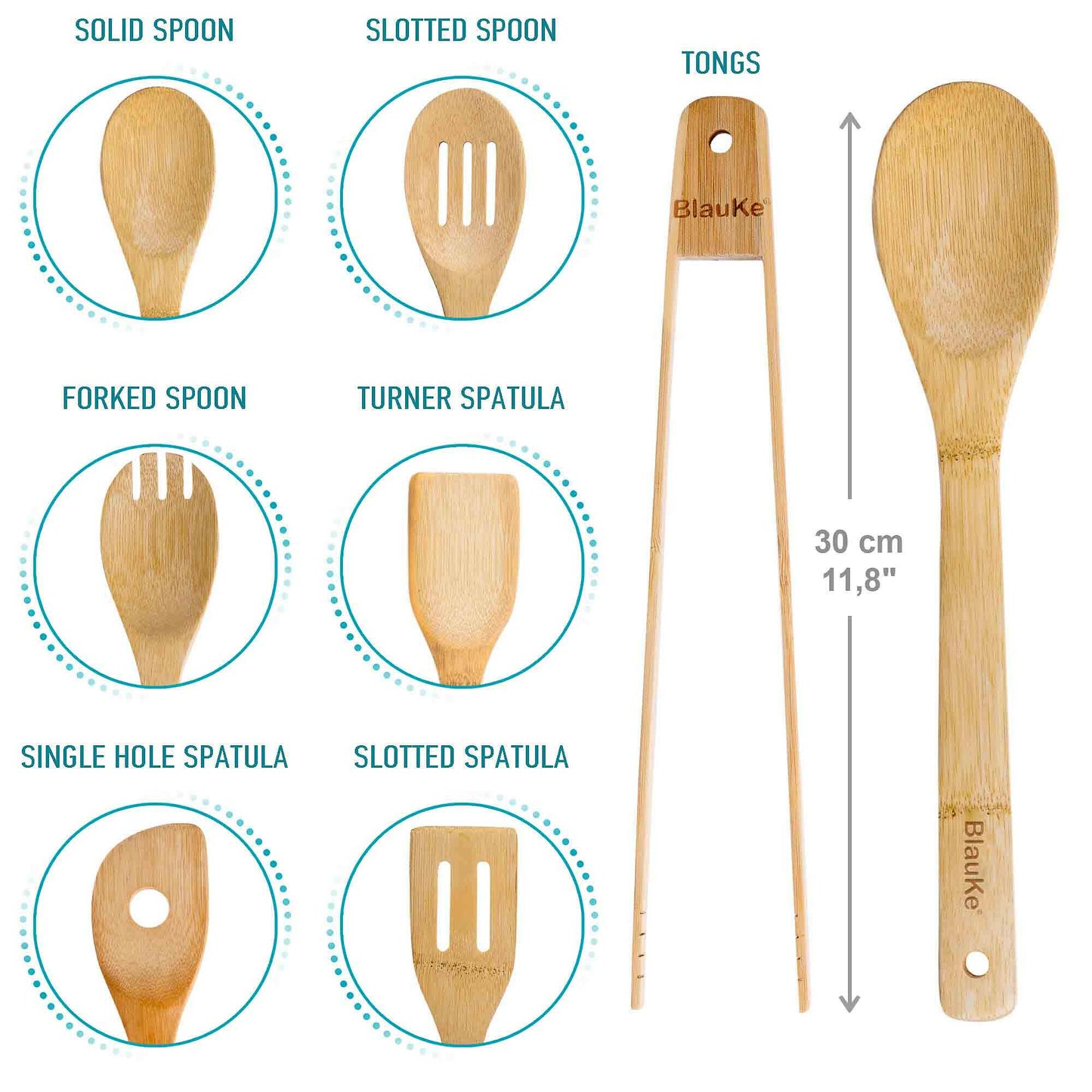 Wooden Spoons for Cooking 7-Pack - Bamboo Kitchen Utensils Set.