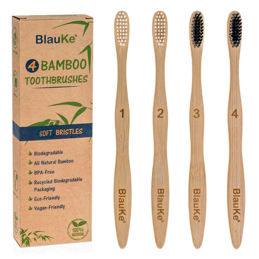 Bamboo Toothbrush Set 4-Pack - Bamboo Toothbrushes with Soft Bristles.