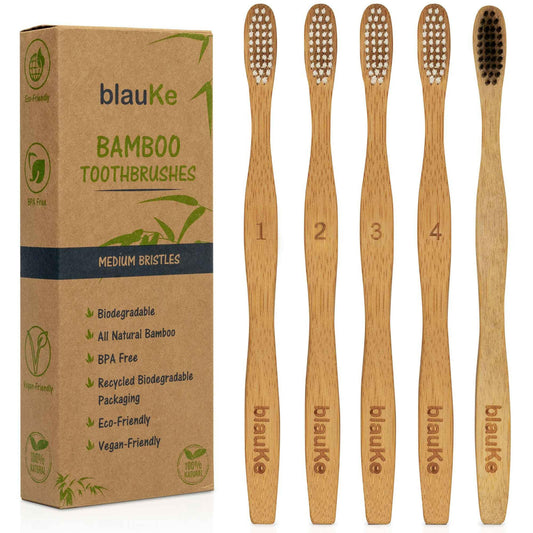 Bamboo Toothbrush Set 5-Pack - Bamboo Toothbrushes Medium Bristles.