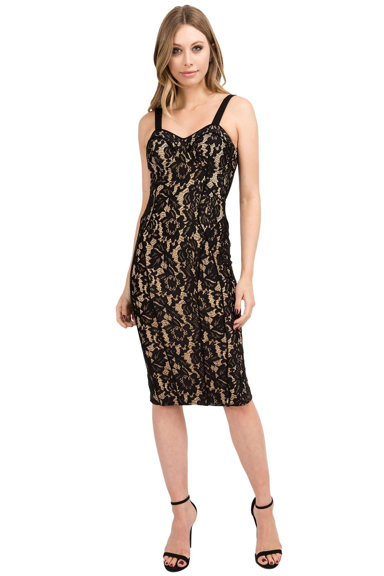 Bianca Lace Bodycon Midi Dress - Back Gold Zipper Detail