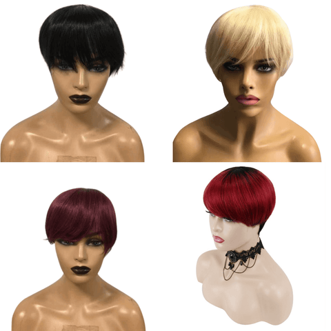 6inch #Burg Pixie Short Cut 100% Straight Human Hair Wig with Bangs Br.