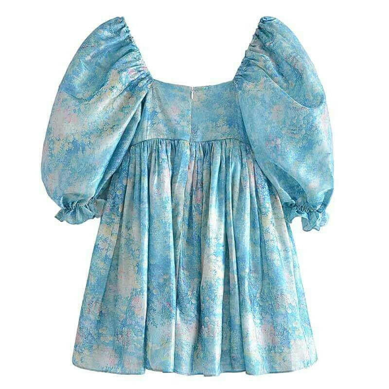 Retro Blue Print Organza Ball Gown Dress Puff Sleeve Mini Dress.