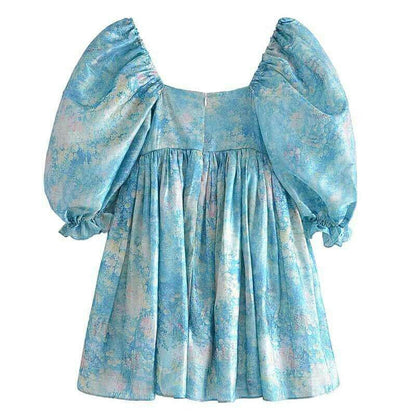 Retro Blue Print Organza Ball Gown Dress Puff Sleeve Mini Dress