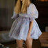 Retro Blue Print Organza Ball Gown Dress Puff Sleeve Mini Dress