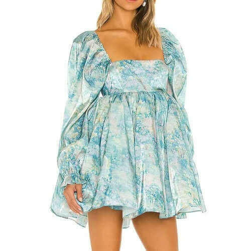 Retro Blue Print Organza Ball Gown Dress Puff Sleeve Mini Dress.